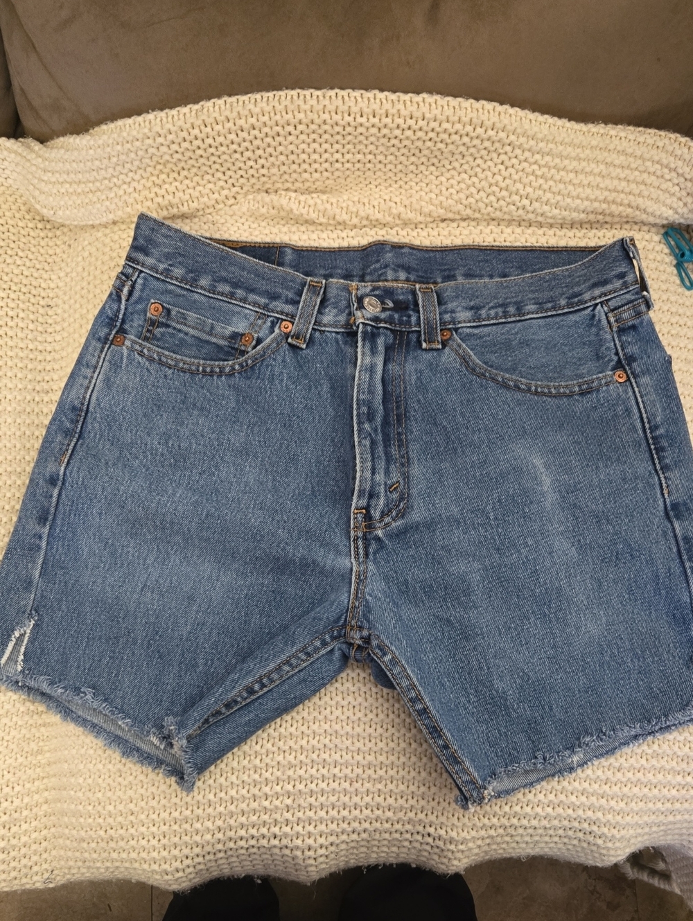 Levi's 505 Blue Denim Cut-off Jean Shorts with Tan Leather Patch